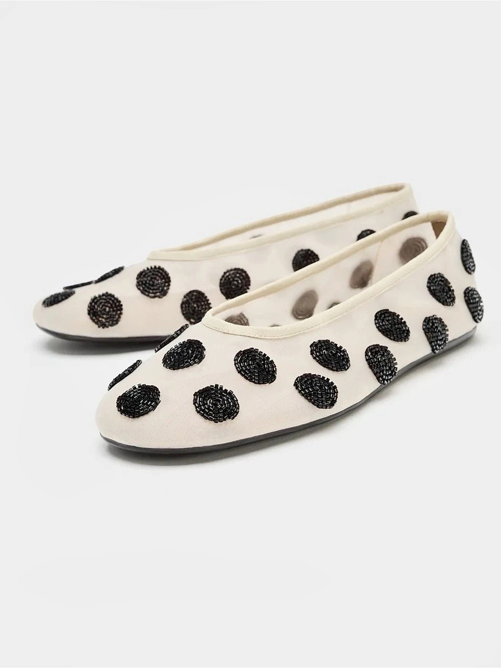 Zara Printed Beaded Ballerina Flats Cream & Black Polka Dot